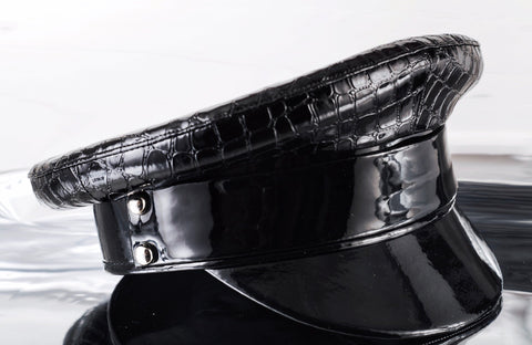 Black Leather Biker Cap With Patent Leather Trimming